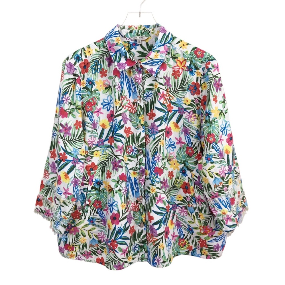 John Mark | Embroidered Linen Tropical Floral Print 3/4 Sleeve Button Up Top XL